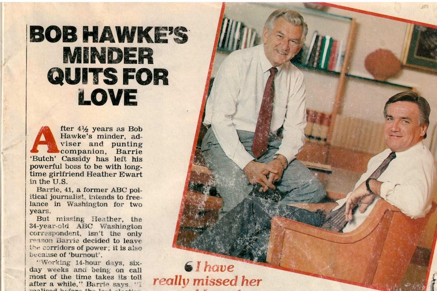 Magazine article with headline 'Bob Hawke's minder quits for love' and photo of Hawke and Cassidy in his office.