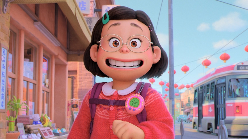 Animated teen girl with short brown hair walking down street grinning with circular glasses, purple backpack and pink cardigan.