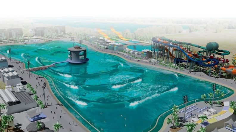 a creative render of a theme park with a central surfing pool with waves