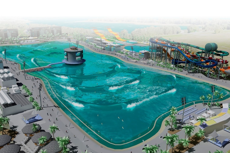 a creative render of a theme park with a central surfing pool with waves