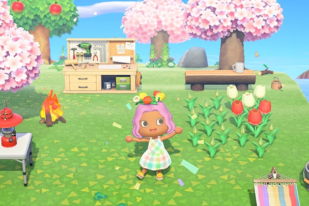 A screenshot from Nintendo's Animal Crossing game with a pink girl in a 2D world on her iisland