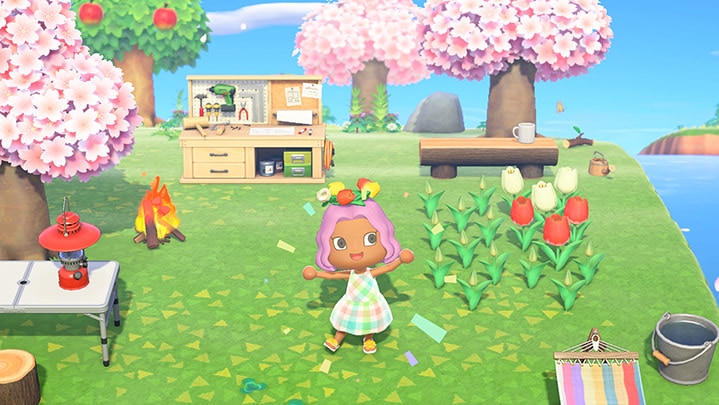 A screenshot from Nintendo's Animal Crossing game with a pink girl in a 2D world on her island