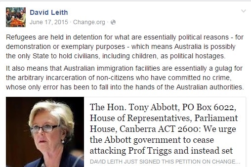 David Leith's post on his facebook page comparing immigration detention centres to gulags