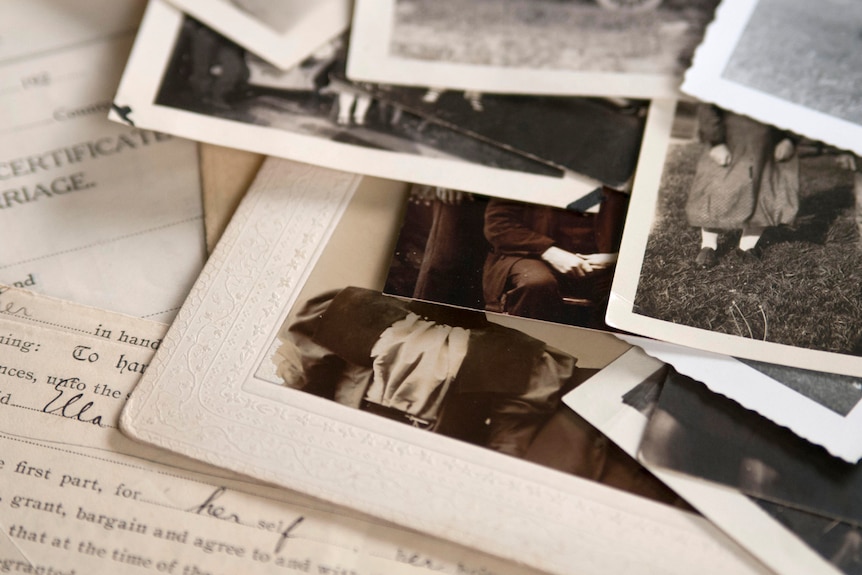 A collection of old photos, fanned out.