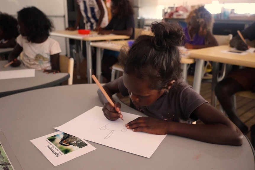 A young student draws at a school desk in a classroom.