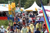 Festival-goers make their way through the stalls
