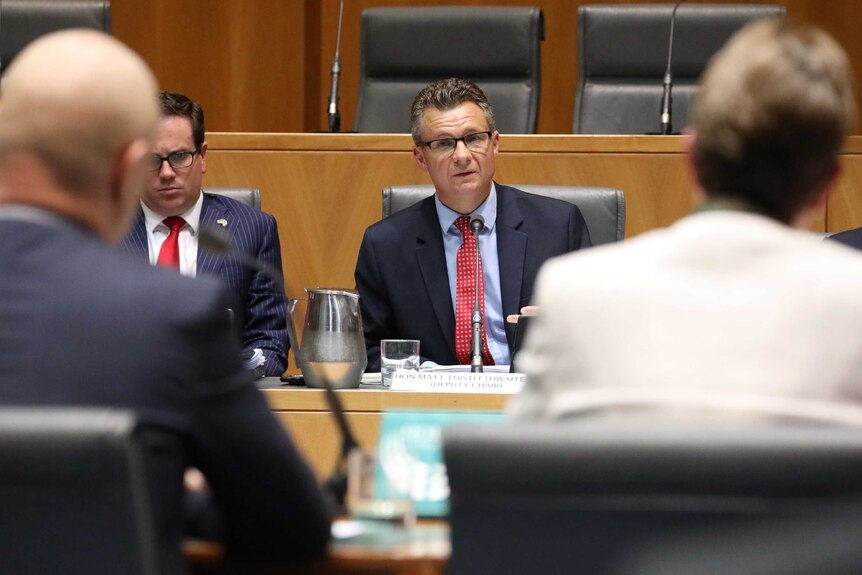 Through the blurred outlines of two people in the foreground, Matt Thistlethwaite sits in his place, speaking into a microphone.