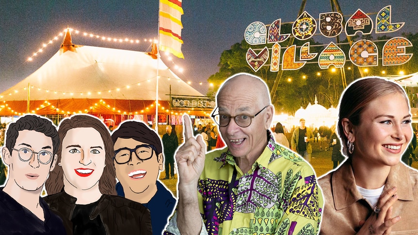 A collage of Simply The Jest podcast art, Dr Karl, and Grace Tame against a photo of Splendour In The Grass' Global Village