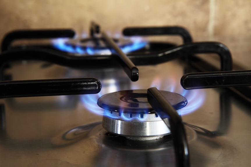 Two lit gas burners on a stove top.