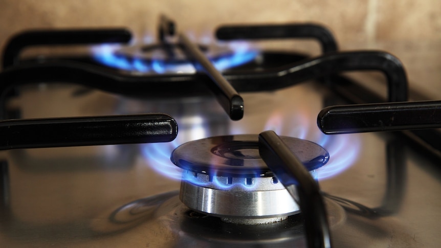 Two lit gas burners on a stove top.