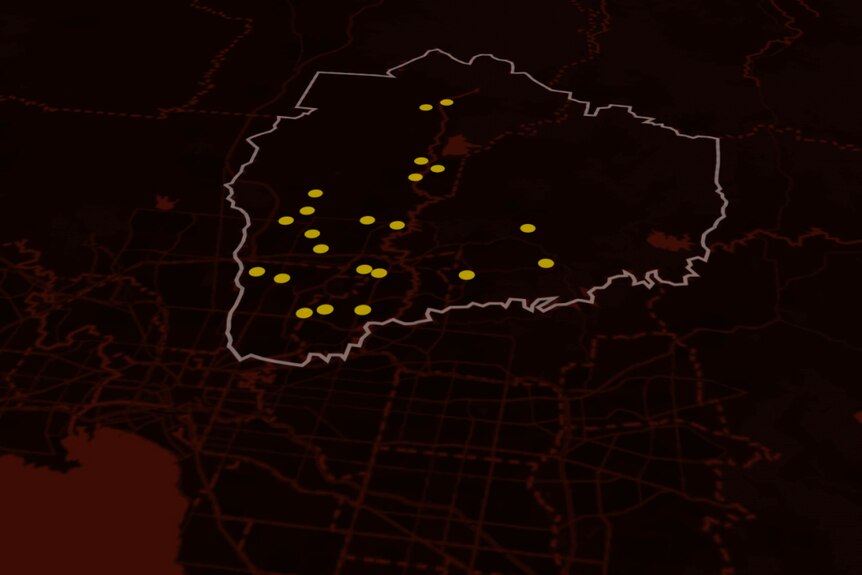 A map on a dark background showing the boundaries of a Melbourne police district and 22 dots representing incidents.