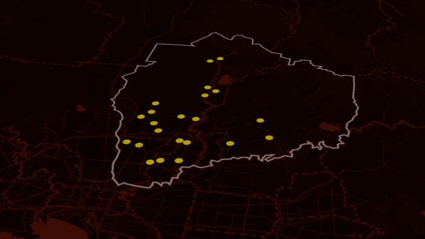 A map on a dark background showing the boundaries of a Melbourne police district and 22 dots representing incidents.