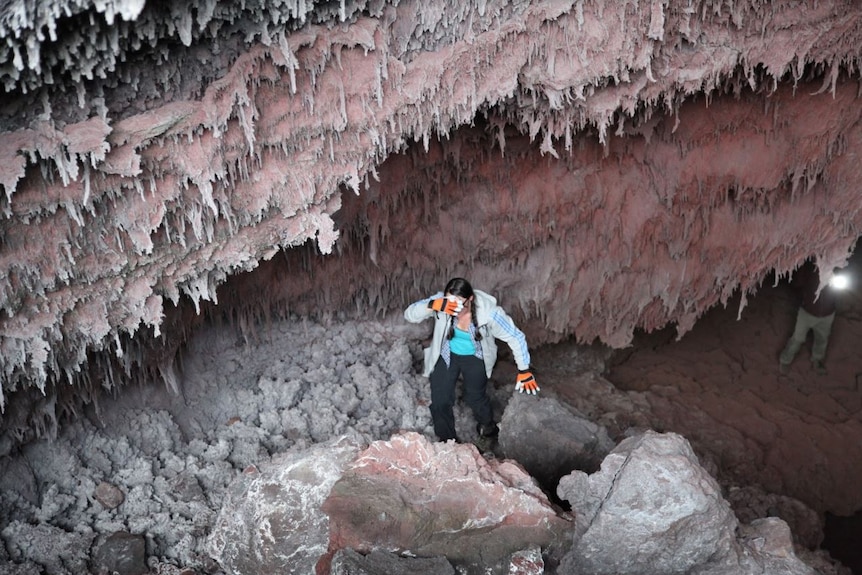 Dr Janine Krippner exiting the very hot lava tube on Tolbachik Volcano.