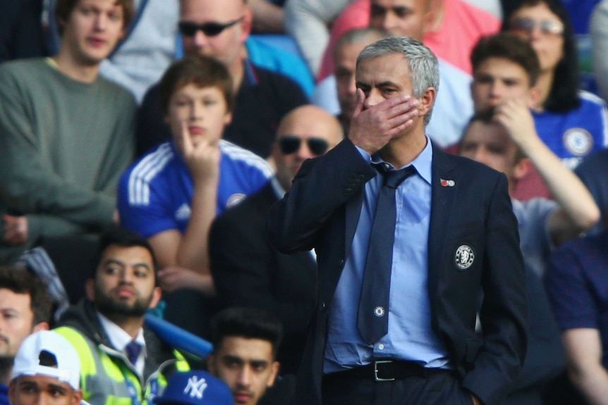Jose Mourinho looks dismayed as Chelsea plays Liverpool