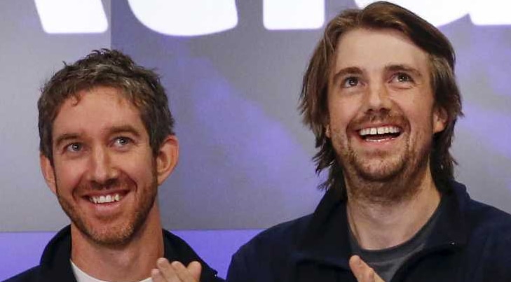 Atlassian co-founders Scott Farquhar (left) and Mike Cannon-Brookes celebrate the company's market listing in 2015.