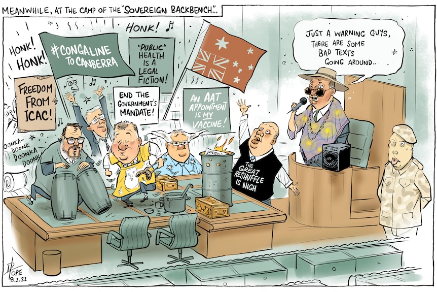 A cartoon of coalition politicians in the chamber with flags, placards and drums. 