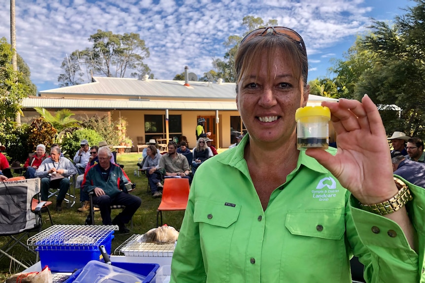 A lady in a green shirt holds up a jar of beetles.