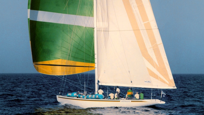 Australia II under full sail off Newport, Rhode Island