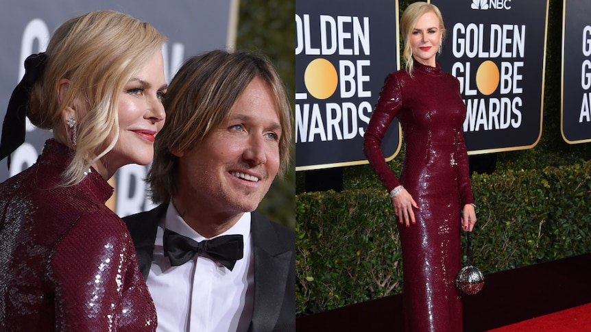 Nicole Kidman, wearing a long red dress, with husband Keith Urban