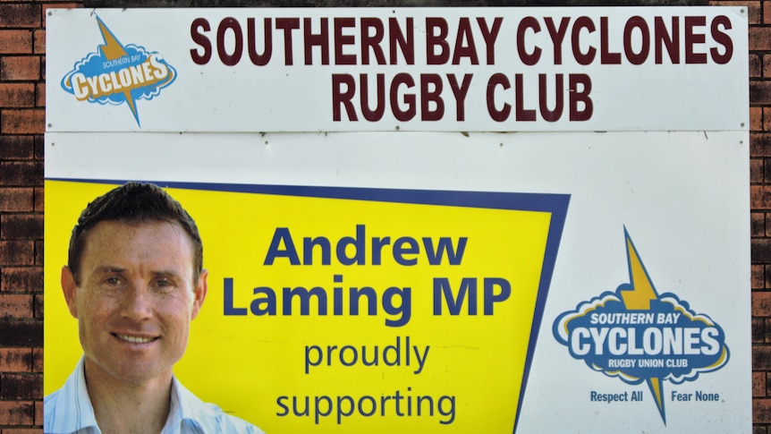 A sign says Andrew Laming supports the Southern Bay Cyclones Rugby Club