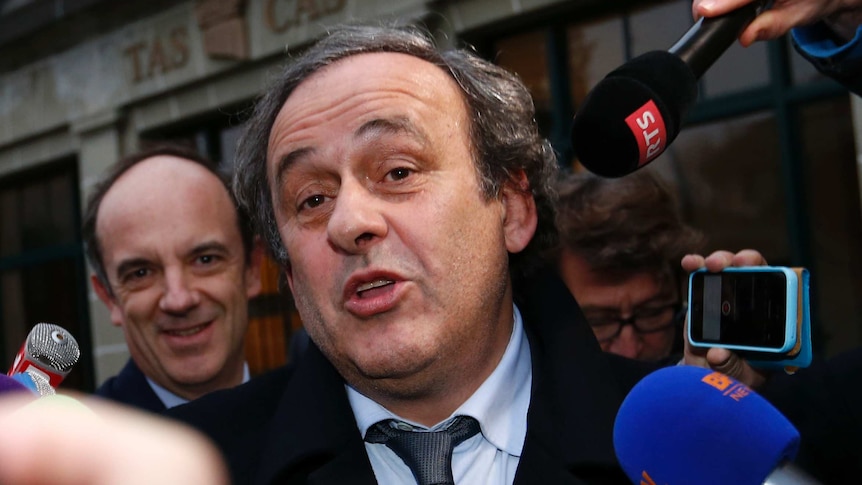 Michel Platini leaves after a hearing at the Court of Arbitration for Sport in Switzerland