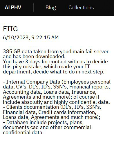 A message with poor grammar says ALPHV has stolen sensitive data from FIIG, blaming it on the IT department.