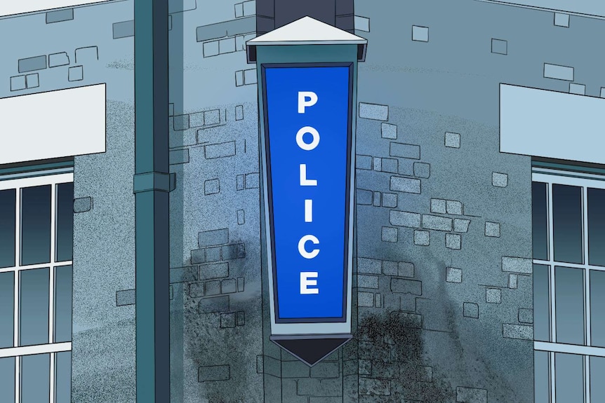An illustration shows a brick building with a large 'police' sign on its side