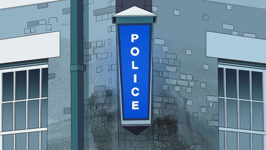 An illustration shows a brick building with a large 'police' sign on its side