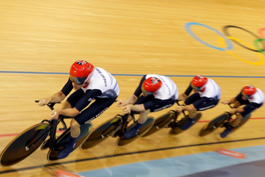 British team pursuit en route to breaking the world record at the London 2012 Olympic Games.