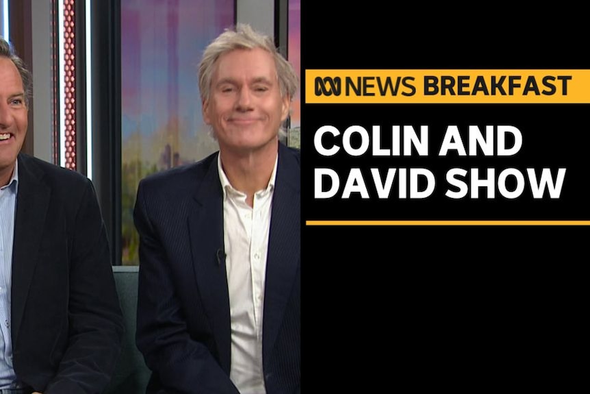 Colin and David Show: Two men sit next to each other on a TV talk show