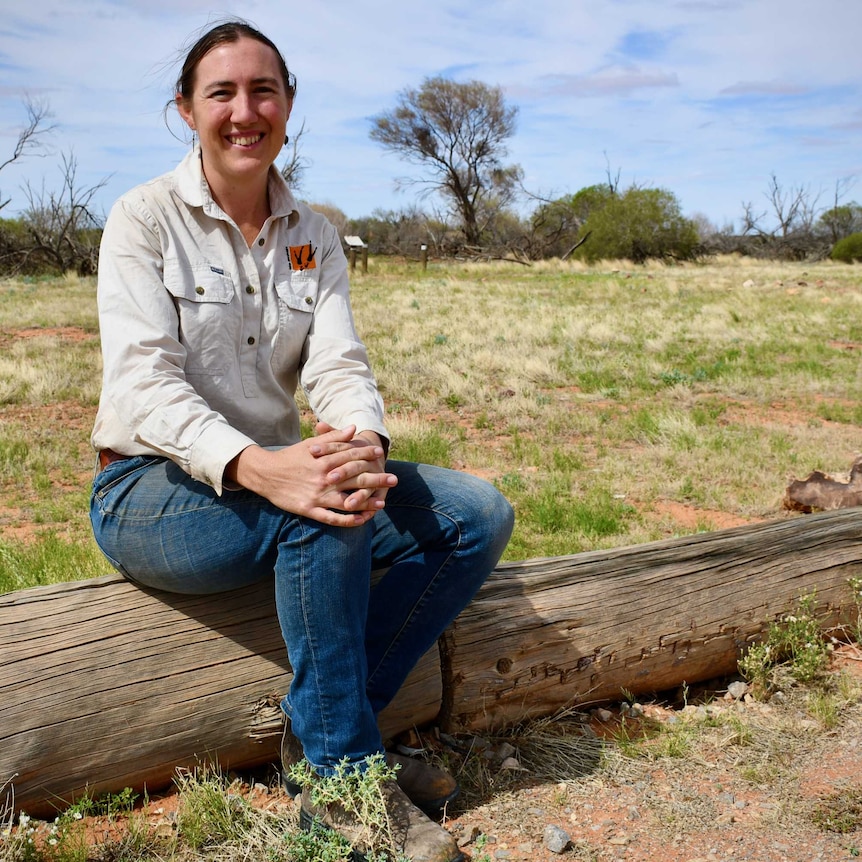 A lady with a brown ponytail is wearing blue jeans and a grey shirt while sitting on a log on a grassy plain.