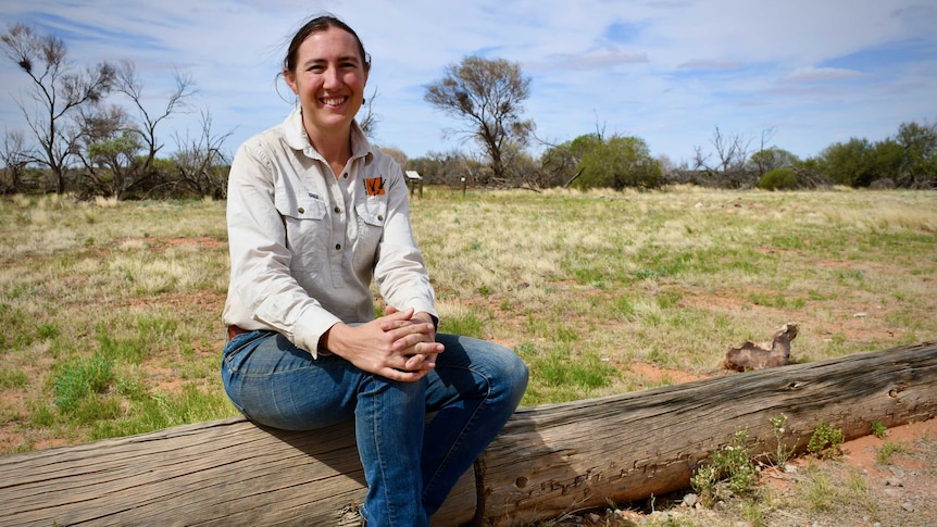 A lady with a brown ponytail is wearing blue jeans and a grey shirt while sitting on a log on a grassy plain.