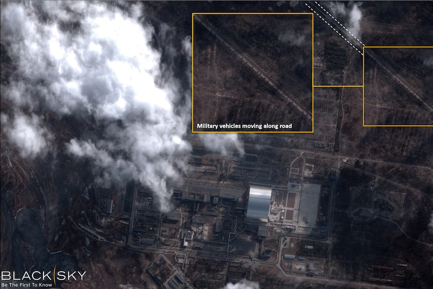 Satellite image shows military vehicles near Chernobyl Nuclear Power Plant, in Ukraine