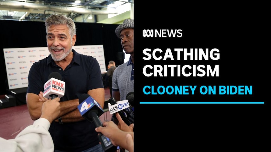 Scathing Criticism, Clooney on Biden: Clooney spiking while speaking into microphones at an event.
