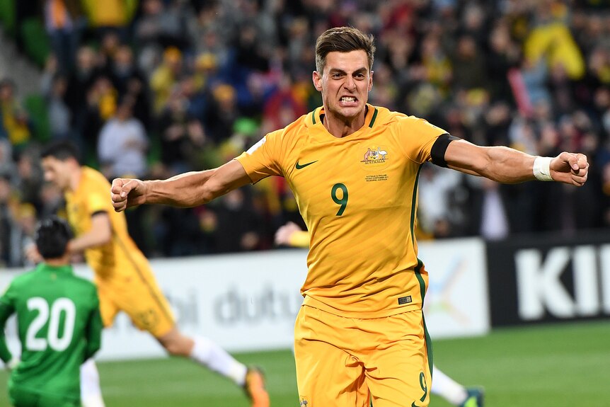 Socceroos' Tomi Juric celebrates goal against Thailand