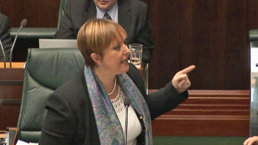 Premier Lara Giddings makes a point during a sitting of the Tasmanian Parliament.