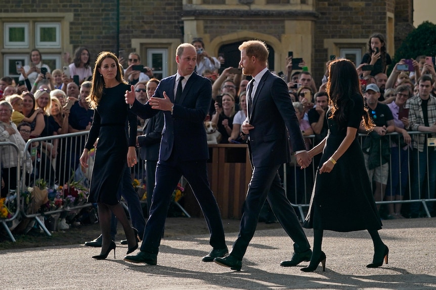 Prince William, Harry, Kate and Meghan walk in front of crowds. 