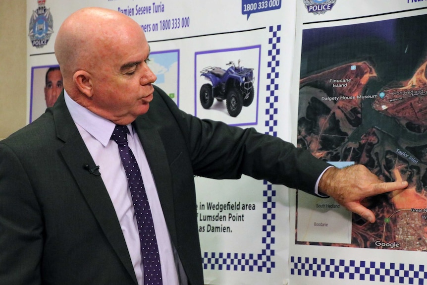 Homicide Squad Detective Senior Sergeant Tom Mills points to a map where Damien Turia's remains were found.