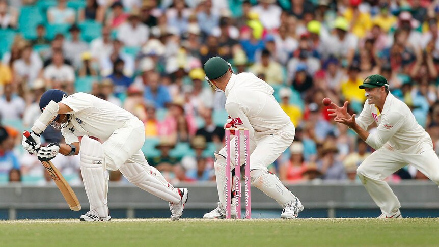 Mike Hussey catches Sachin Tendulkar, out for 80, at the SCG.