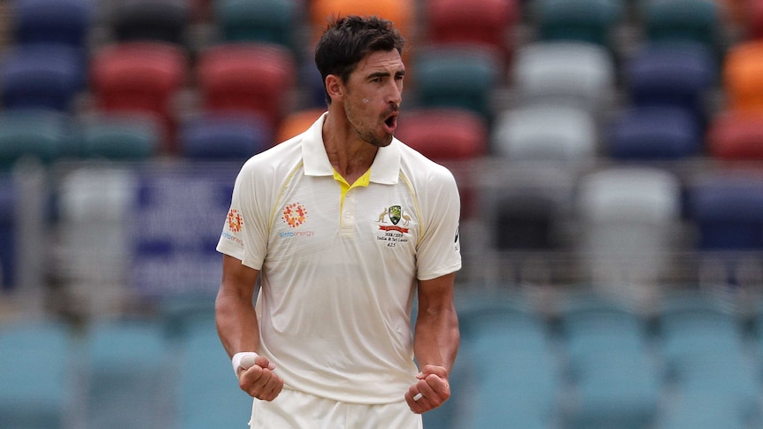 Mitchell Starc clenches both fists with his hands bent at his side and yells