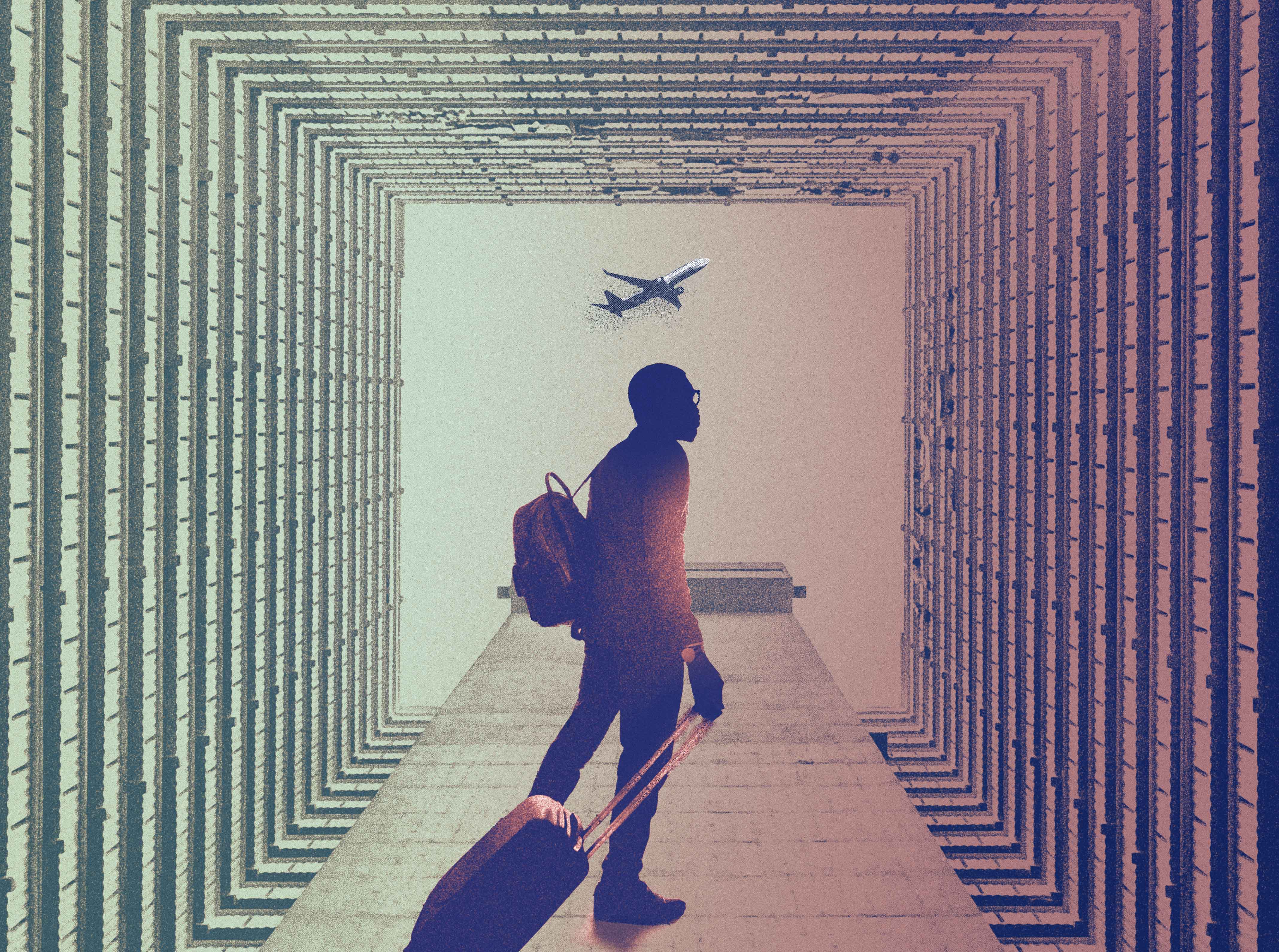 An illustration of a man pulling a suitcase surrounded by skyscrapers.