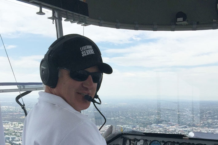 Blimp chief pilot Mark Finney at work in the skies.