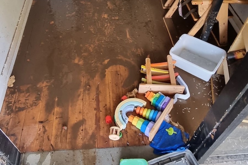 toys on a wood floor covered in mud
