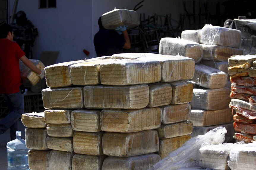 Packages of seized marijuana are seen at the site of a passageway Mexican authorities