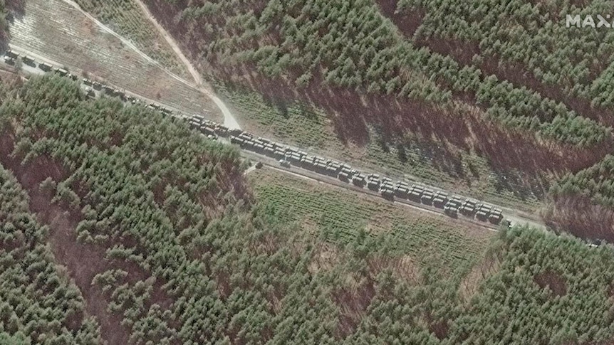 A long line of Russian vehicles on a road surrounded by forrest.