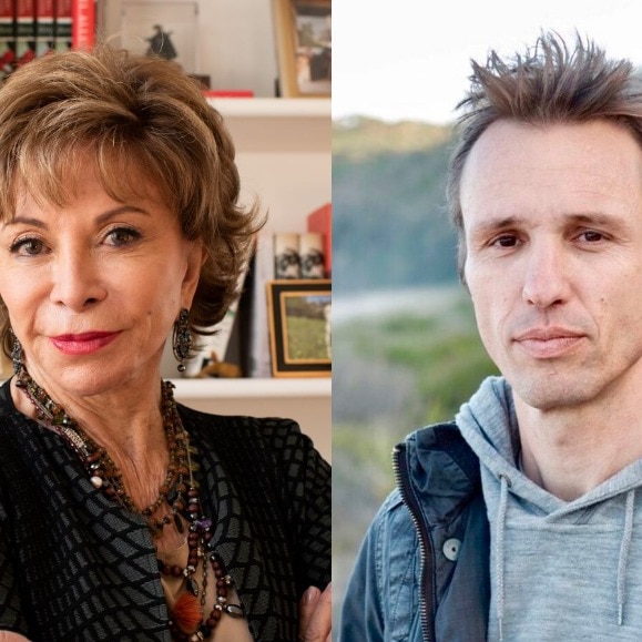Author headshot: Isabel Allende on left and Markus Zusak on right