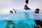 Three boys spearfishing, two in the water while one sits on a boat.