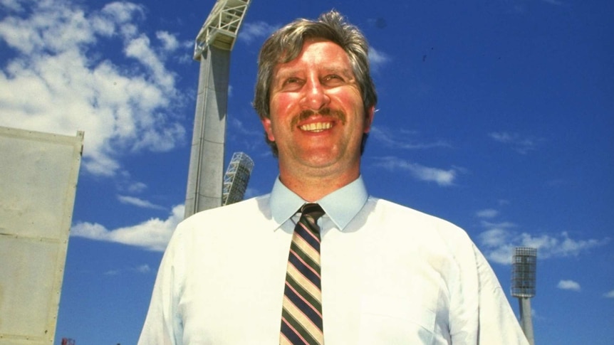 Portrait of television commentator Max Walker during the England tour to Australia.