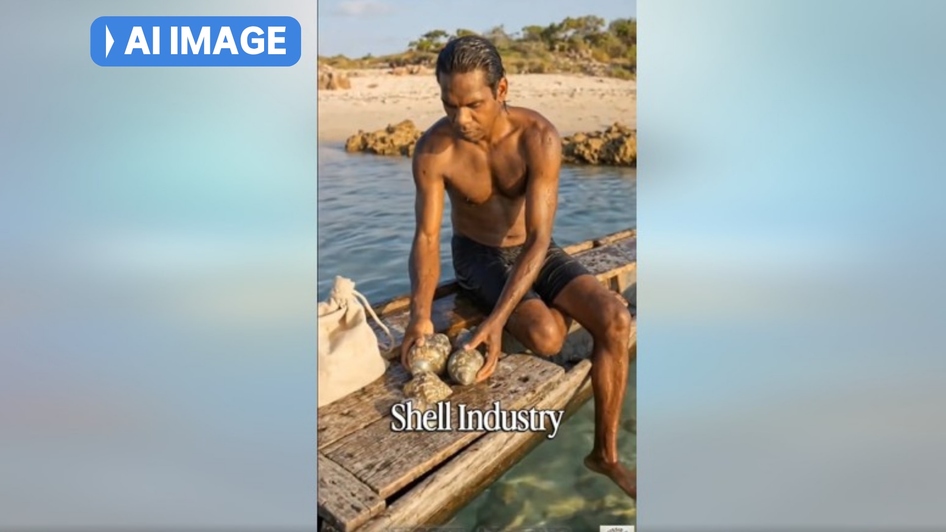 An Indigenous man sits on a pier above water and holds what look like large shells. The words "Shell industry" appear.