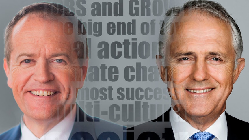 Bill Shorten and Malcolm Turnbull with some of their key slogans superimposed over them - jobs and growth, the big end of town.